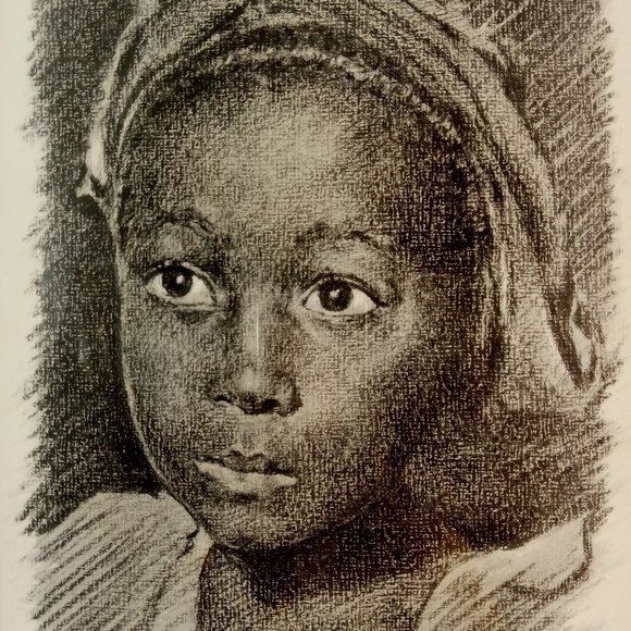 Pencil Drawing of Doe-Eyed Seeing Little Girl Of African Descent Wearing Scarf o - Picture 2 of 4